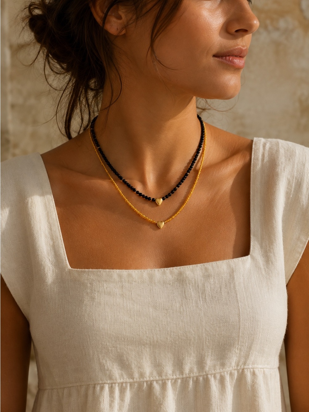 Black and Gold Tone Heart Beaded Necklace Set of 2